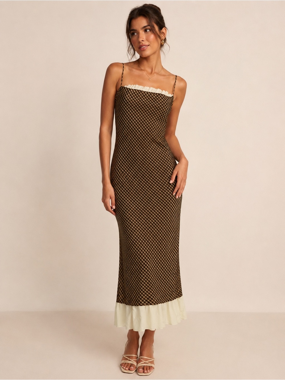 ANTONIO MELANI x Courtney Grow Brown Gingham Midi Dress with Cream Ruffle